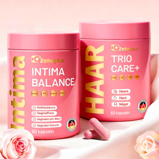 Capsules Intima Hair Balance + avec nutriments pour l'équilibre intime, les cheveux, la peau et les ongles, répondant aux besoins quotidiens des femmes. Vegan, testées en laboratoire, fabriquées en Allemagne.
