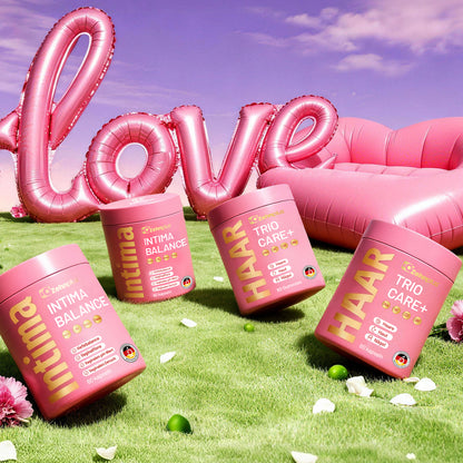 Capsules Intima Hair Balance + avec nutriments pour l'équilibre intime, les cheveux, la peau et les ongles, répondant aux besoins quotidiens des femmes. Vegan, testées en laboratoire, fabriquées en Allemagne.