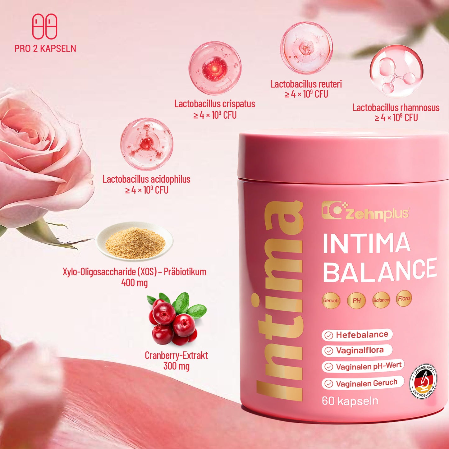 Capsules Intima Hair Balance + avec nutriments pour l'équilibre intime, les cheveux, la peau et les ongles, répondant aux besoins quotidiens des femmes. Vegan, testées en laboratoire, fabriquées en Allemagne.