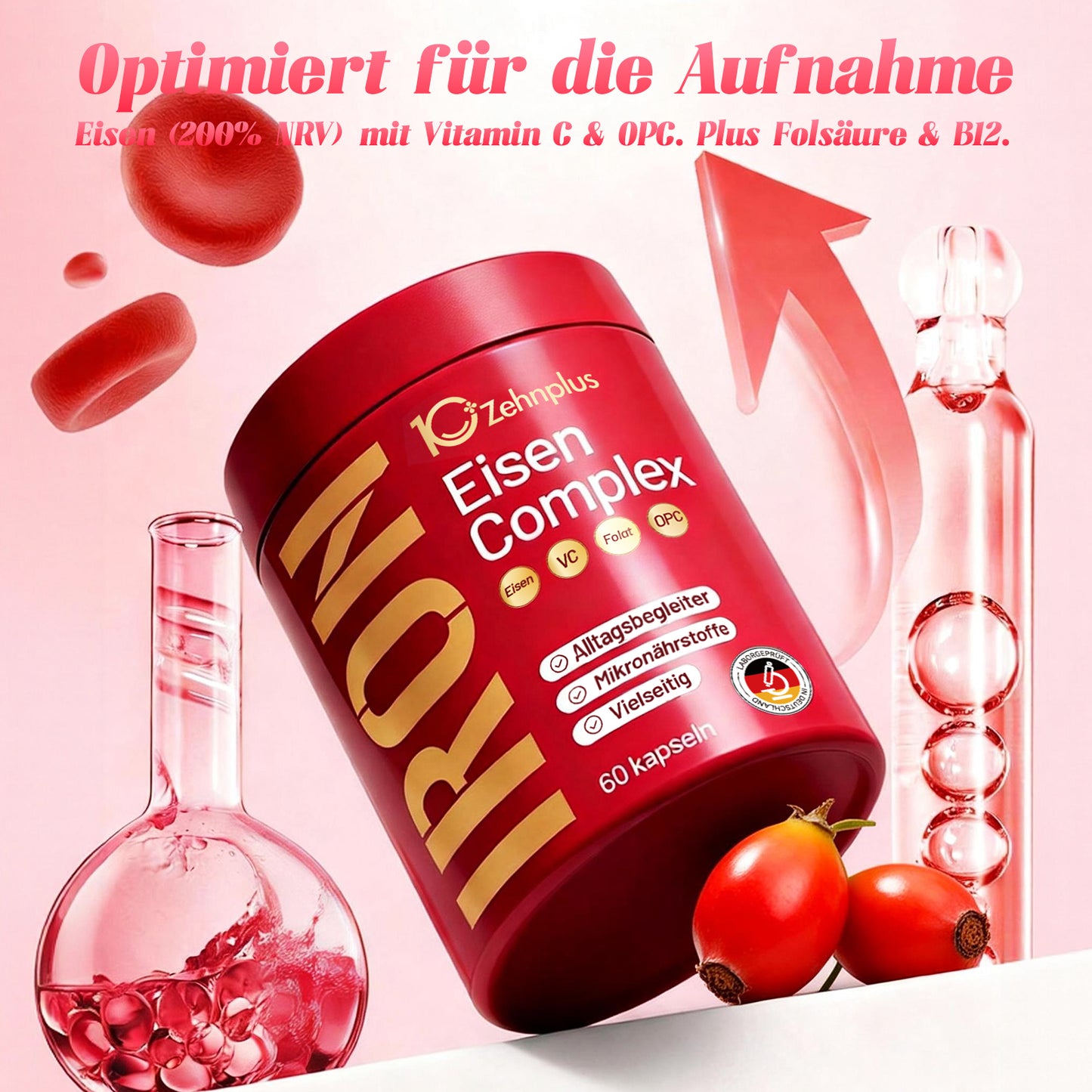Eisen Komplex für Frauen mit Vitamin C, B12 & Folsäure, vegan,