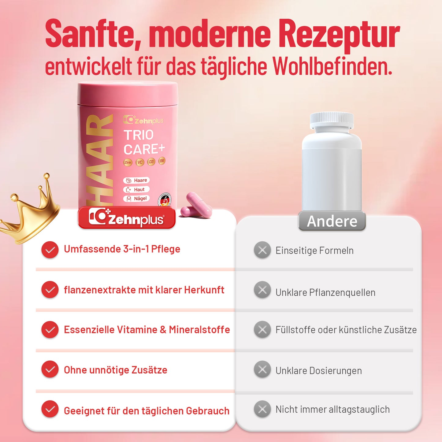 Zehnplus HAAR TRIO CARE+ – Hochdosierte Kapseln für Haare, Haut & Nägel